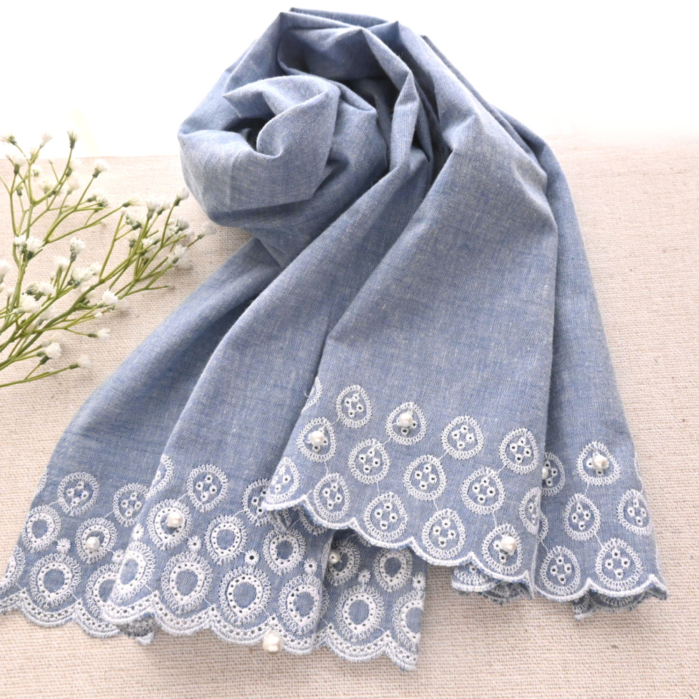【残り2点】パール煌めく、刺繍 ナチュラル フリル＊デニム調 ストール