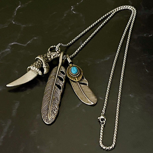 ターコイズネックレス 新作 silver 真鍮 ターコイズ ネックレス フェザー メンズ