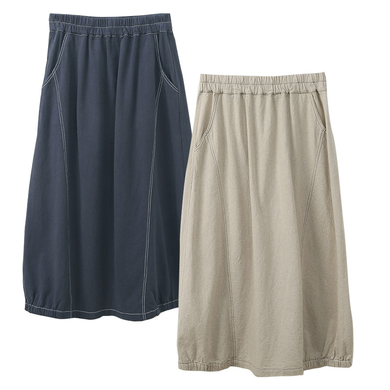 綿麻スカート　ゴムウエストスカート　ベージュとネイビー2色　フリーサイズ　L524 4,740円