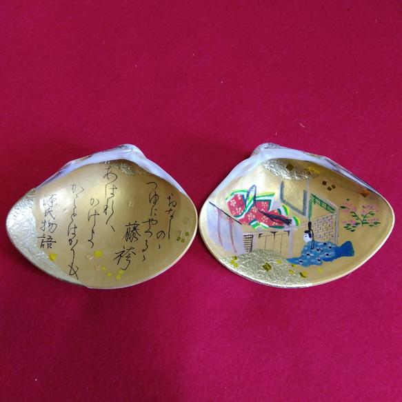 美品　手描き貝合わせ　はまぐり　桑名産　香合　源氏物語絵巻　和歌9.3×7センチ 美品 手描き貝合わせ はまぐり 桑名産 香合 源氏物語絵巻 和歌