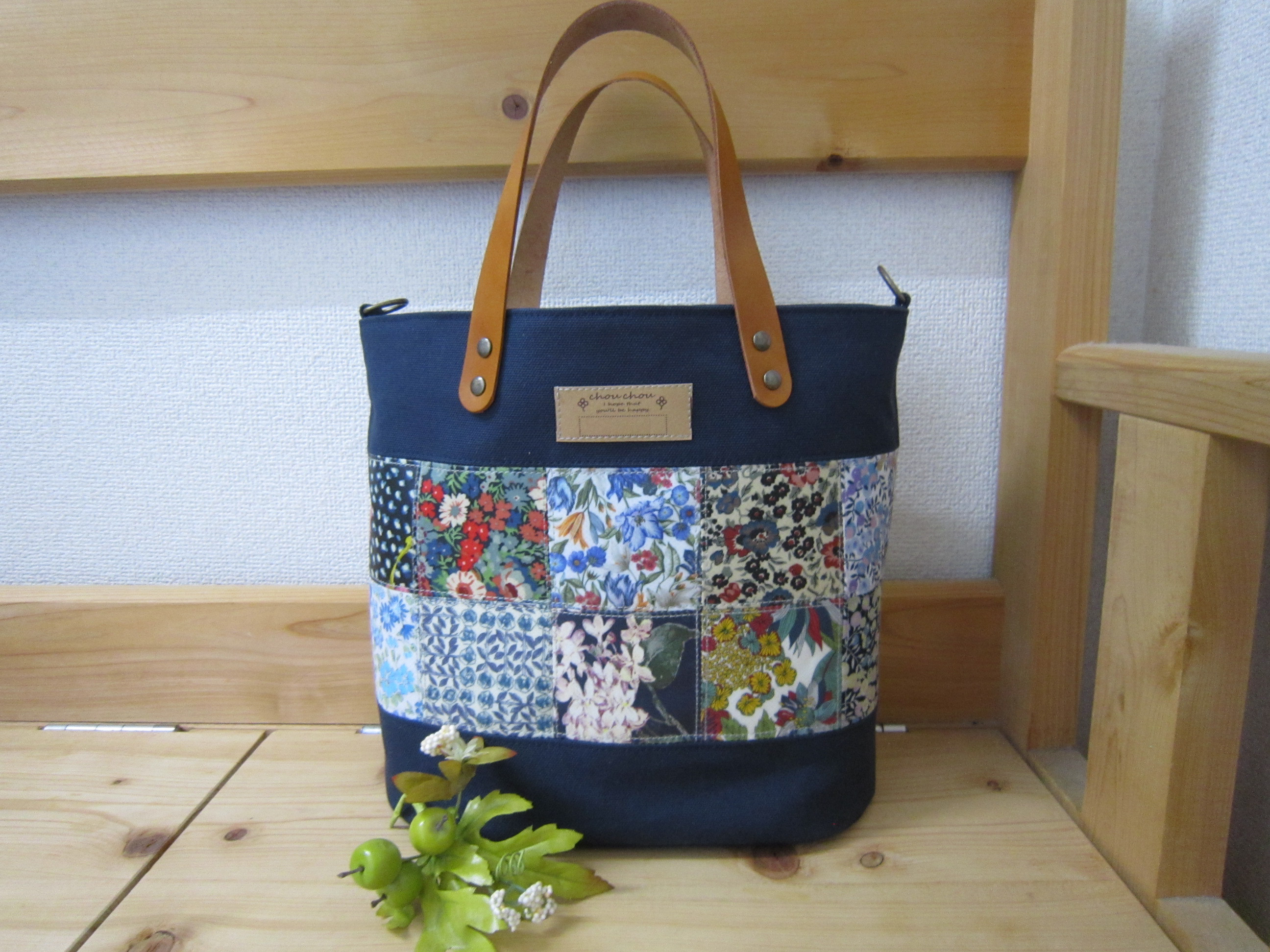 倉敷8号帆布＊リバティラミネート＊トートバック＊パッチワーク＊裏地付＊持ち手革