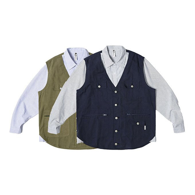 秋冬新作 メンズ ストライプフェイクツーピースラペルベストシャツ 男 おしゃれ コットン 通勤 ビジネス トップス