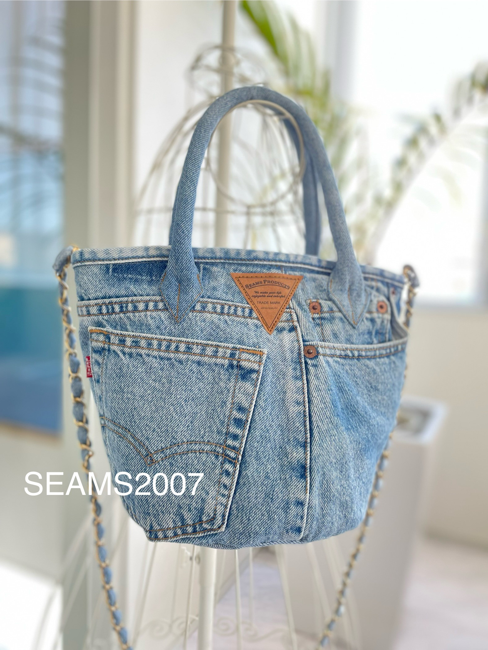 ハンドメイド　デニムリメイク バッグ　マルシェ　バケツバッグ リメイクデニム バケツ型トートバッグ 丸底 麻ひも 1点物