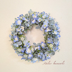 布花作品♡青い花いっぱいのリース ブルーリース 夏 造花リース 玄関リース アーティフィシャルフラワー