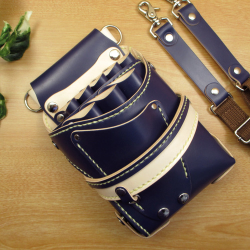 本革 ハンドメイド 8丁差し シザーケース (ネイビー×ナチュラル