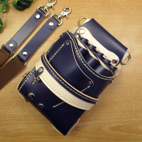 本革 ハンドメイド 8丁差し シザーケース (ネイビー×ナチュラル) SCA