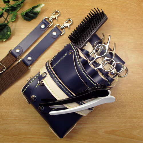 本革 ハンドメイド 8丁差し シザーケース (ネイビー×ナチュラル