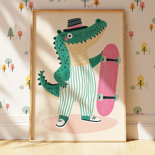 アートポスター 動物イラスト ワニ スケボー カラフル 可愛い 楽しい
