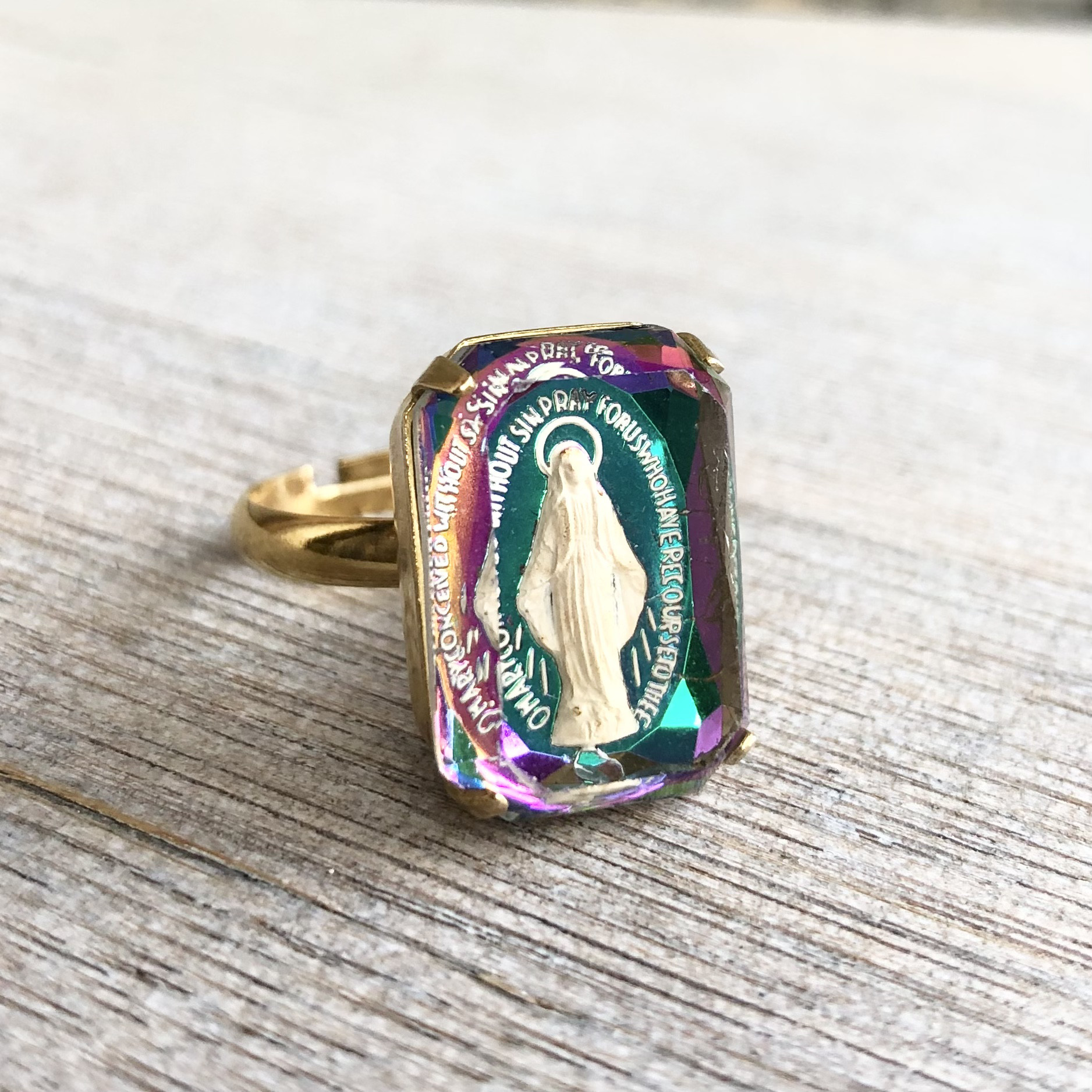 フリーサイズ ヴィンテージ マリア様 ヴィトレイルライト ブルー パープル インタリオ ストーン リング 指輪