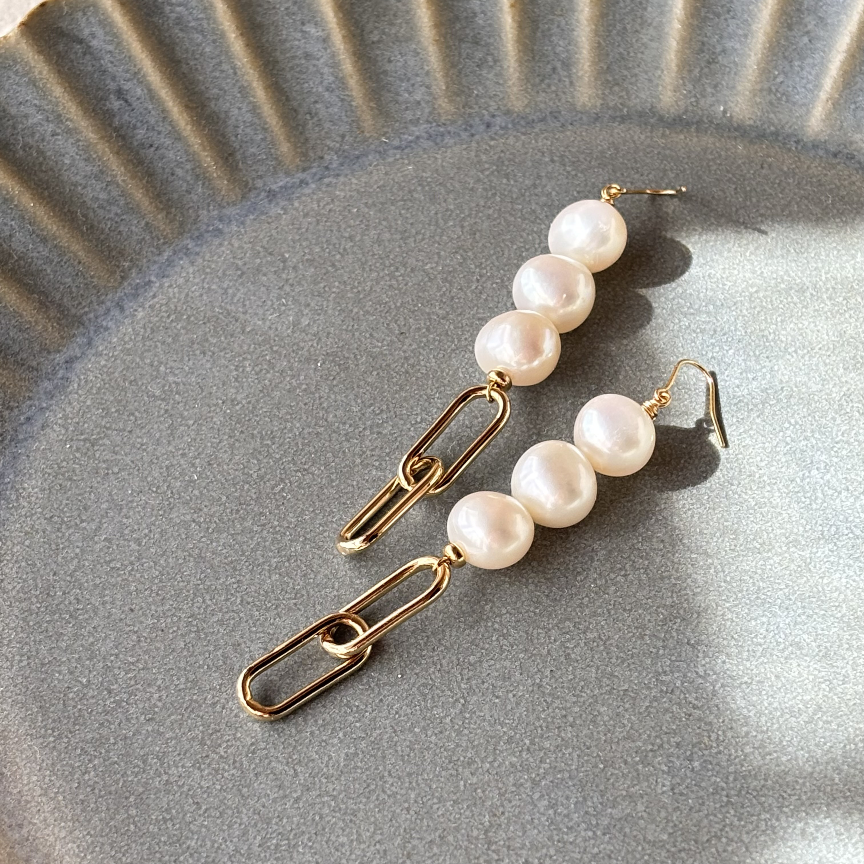 太めチェーンとパールのピアス/14kgf