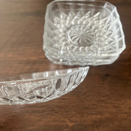 四角皿／スクエア プレート＞透明カットガラス 昭和 アンティーク