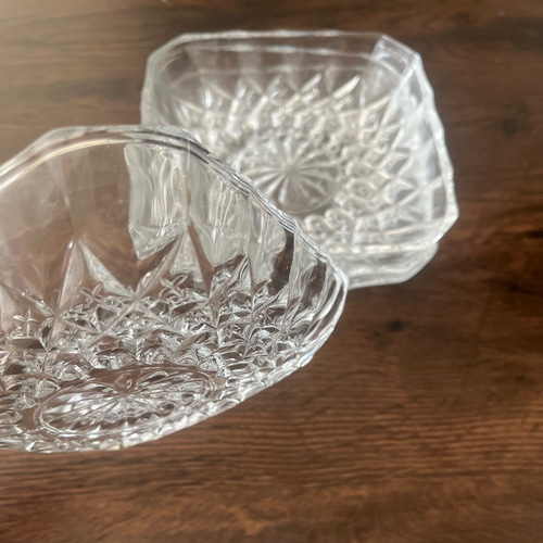 四角皿／スクエア プレート＞透明カットガラス 昭和 アンティーク