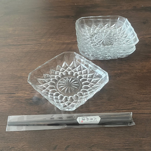 四角皿／スクエア プレート＞透明カットガラス 昭和 アンティーク