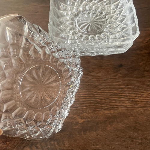 四角皿／スクエア プレート＞透明カットガラス 昭和 アンティーク