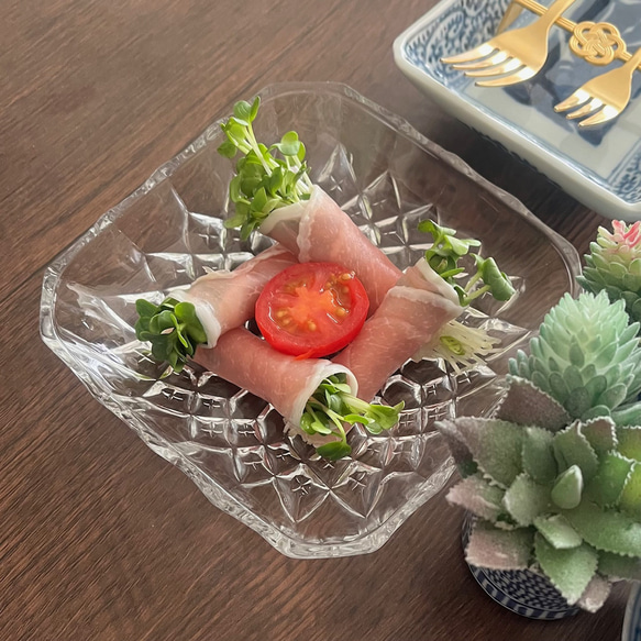 四角皿／スクエア プレート＞透明カットガラス 昭和 アンティーク