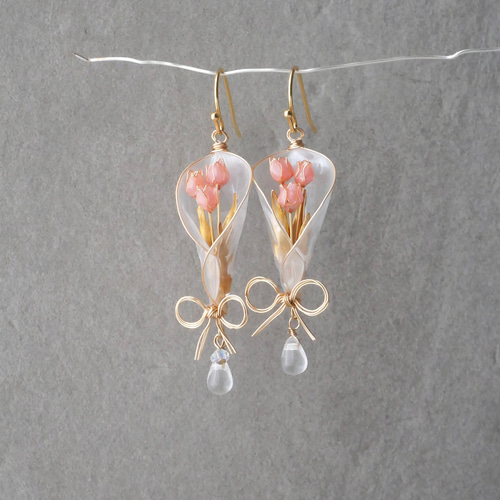 Hand madeイヤリング♪薔薇とチューリップイヤリング チューリップbouquet 花束 ピンク イヤリング/ピアス ディップアート