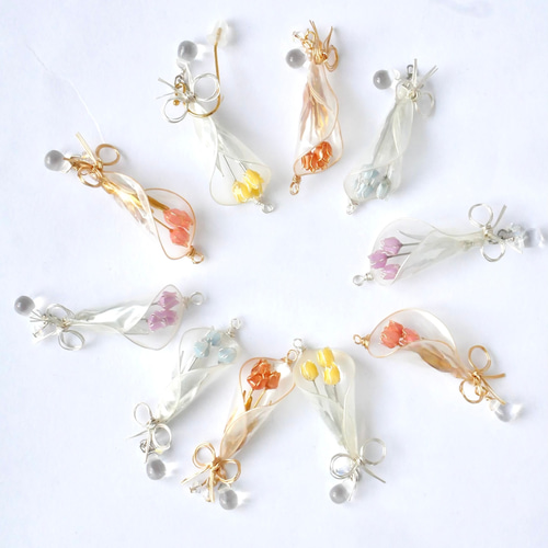 チューリップbouquet 花束 ピンク イヤリング/ピアス ディップアート