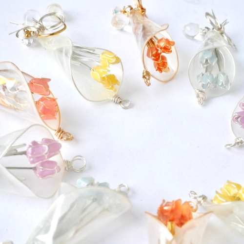 チューリップbouquet 花束 ピンク イヤリング/ピアス ディップアート