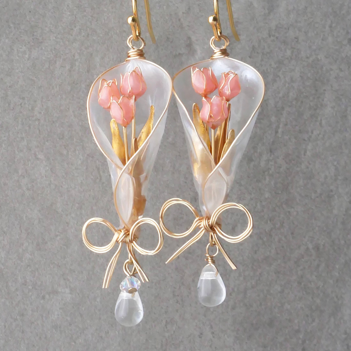 チューリップbouquet 花束　ピンク　イヤリング/ピアス　ディップアート　ディップフラワー