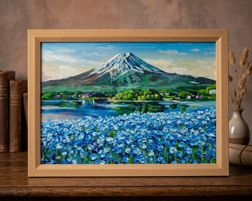 油彩画 原画「湖畔に揺れる青い奇跡」額装対応可/モダンインテリア