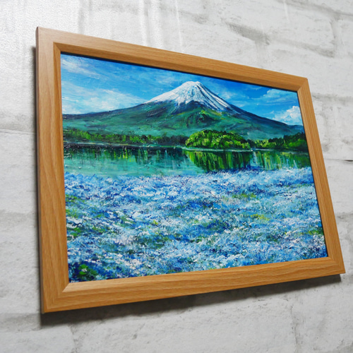 油絵 油彩 油彩画 絵 絵画 【ネモフィラと富士山】 絵画 HR 通販