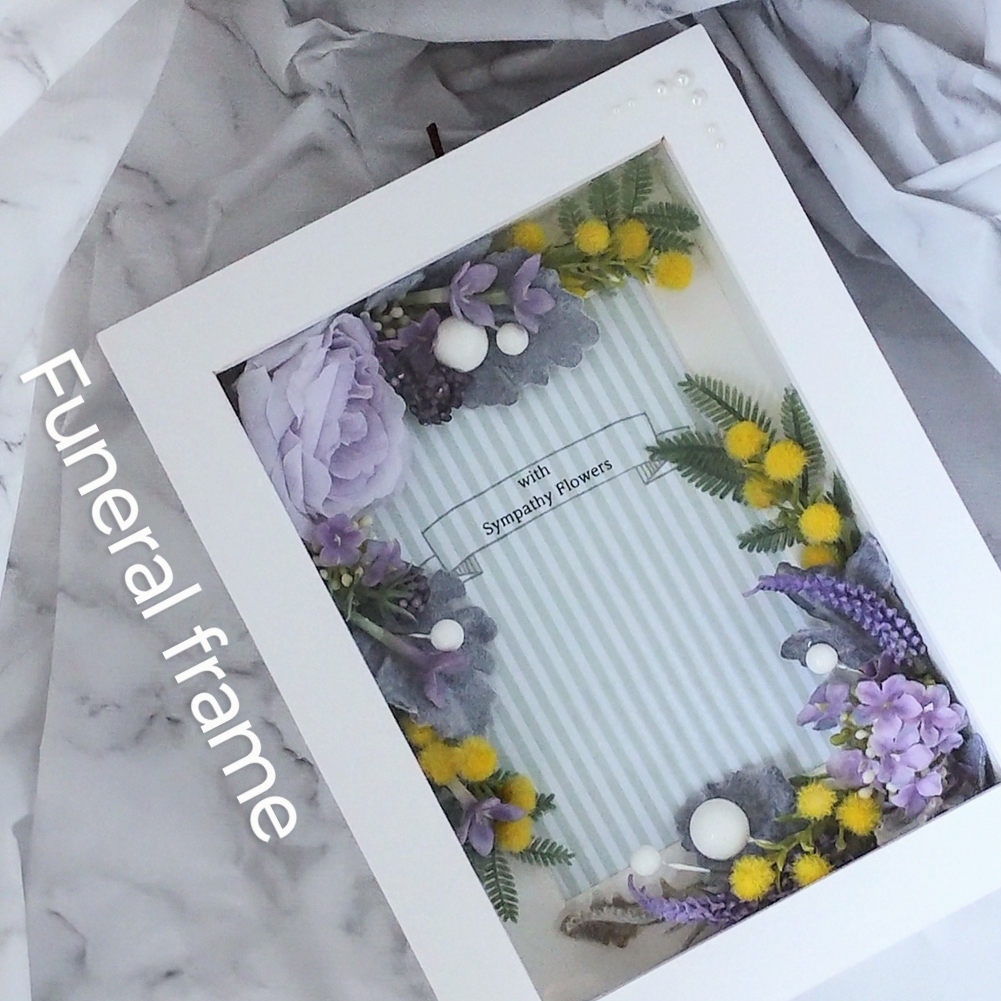 お悔やみ・虹の橋・フォトフレーム　　【遺影花額】No.44 ミモザ・ライラックローズ　〜一点物〜