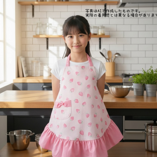 いちごみるくのギャザーエプロン キッズエプロン 子供エプロン その他