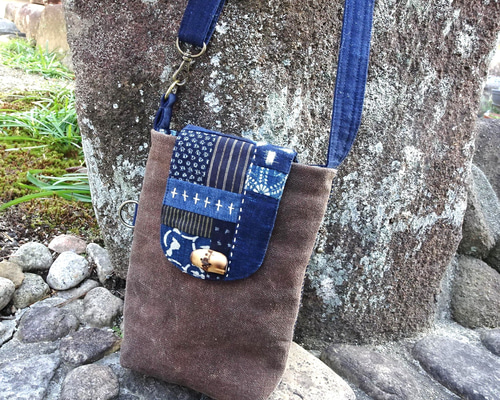 酒袋 スマホショルダー 藍古布 蓋付 ショルダーバッグ かよさん古布