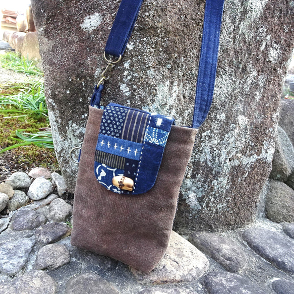 酒袋 スマホショルダー 藍古布 蓋付 ショルダーバッグ かよさん古布
