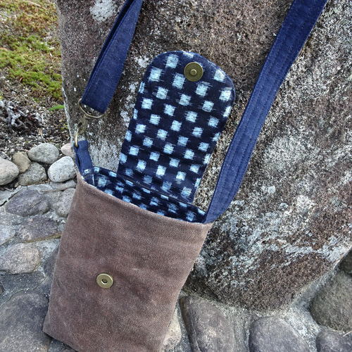 酒袋 スマホショルダー 藍古布 蓋付 ショルダーバッグ かよさん古布