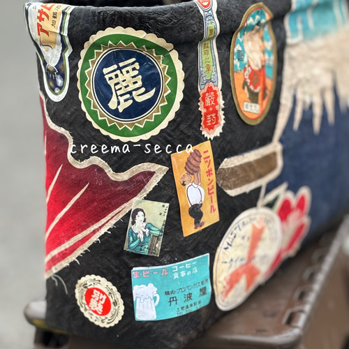 漆塗り一閑張りバッグ めで鯛と富士山 昭和レトロラベル かご