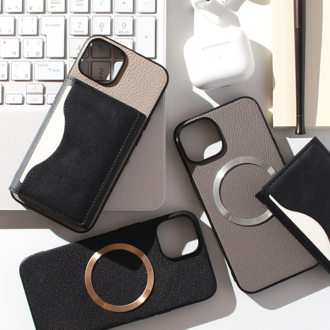 iphone ケース 本革 16 15 14 13 mini カード収納付き マグセーフ対応 レザー シルバー グレー