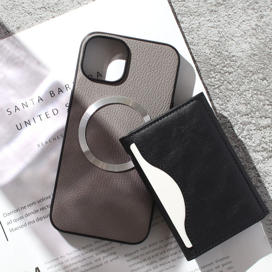 iphone ケース 本革 16 15 14 13 mini カード収納付き マグセーフ対応 レザー シルバー グレー