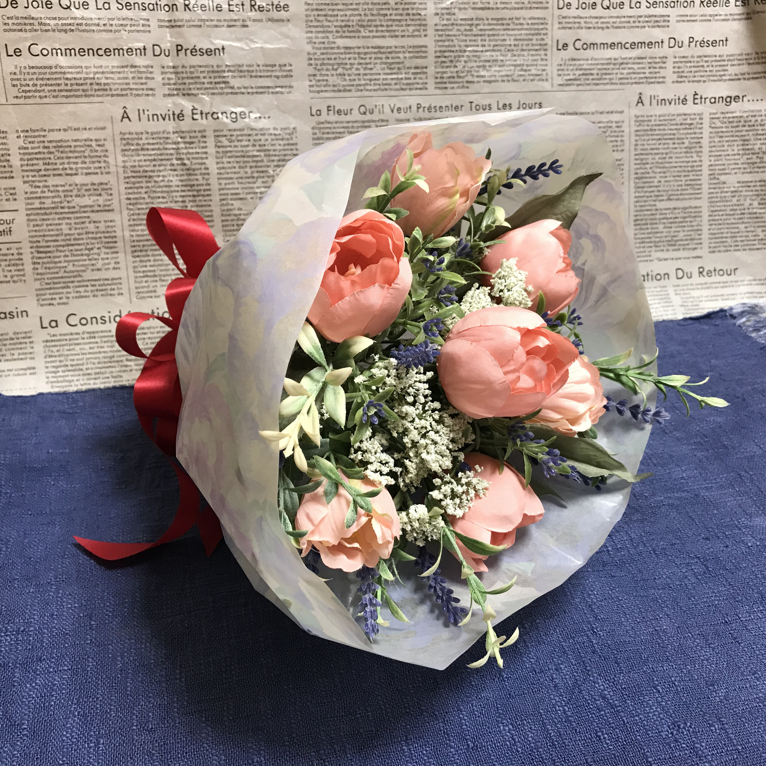 《新作＊結婚祝＊お誕生日祝＊母の日》チューリップとラベンダーの優しいブーケ（受注制作）