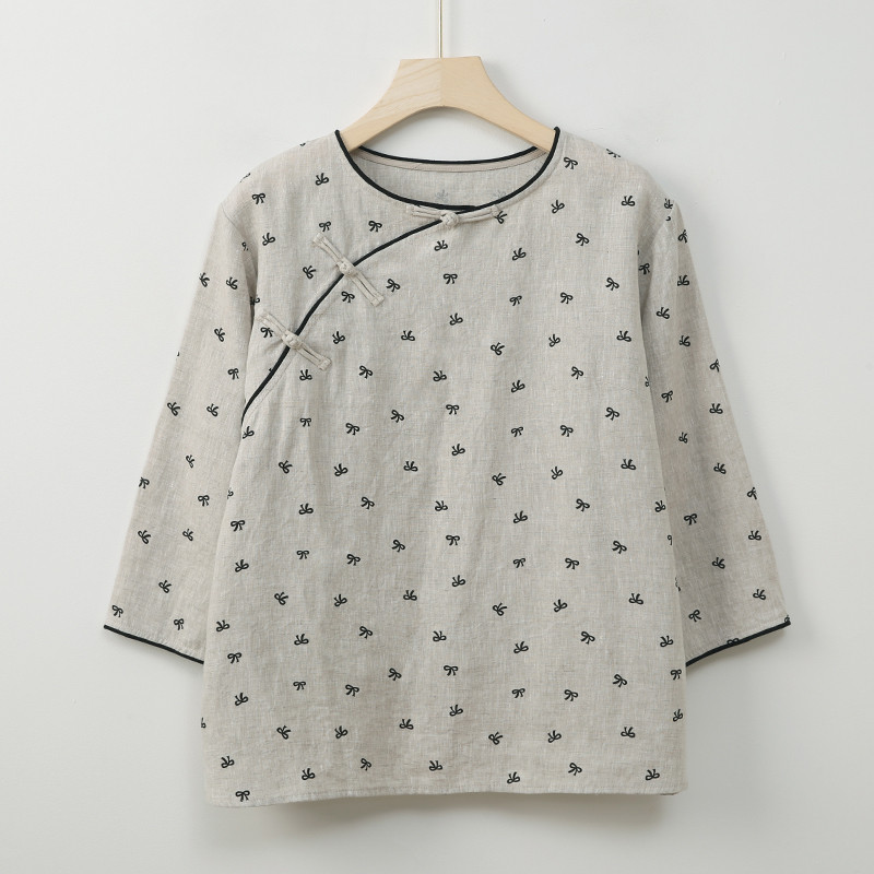 リボン柄プリントリネンシャツ　9分袖丈チャイナ風リネンシャツ　丸襟　ベージュ　M-2XLサイズ　L527