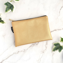 フラットポーチ/フェイクレザー/ファスナーポーチ/メイクポーチ/レッド/ゴールド 1枚目の画像