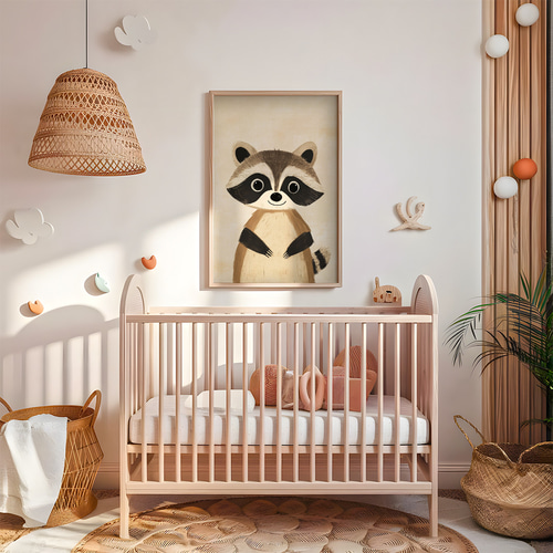 赤ちゃんのインテリア／アート 子供向けアートポスター アライグマ 大きな瞳 ナチュラル インテリア