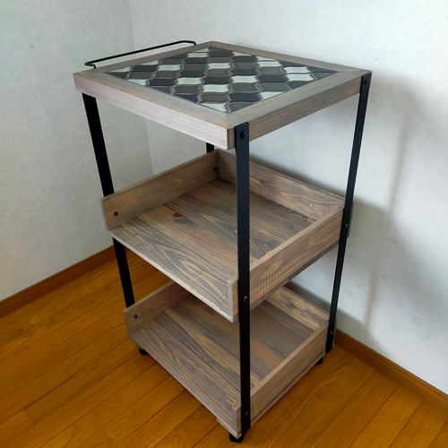 【新作】ランタンタイルのキッチンワゴン【handmade】ブラック×グレー 新作】ランタンタイルのキッチンワゴン【handmade】タイル