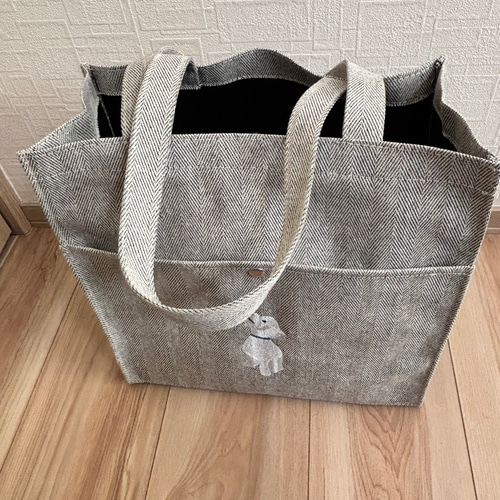 トイプードルバッグ、刺繍、白プー、ポケット付きトートバック