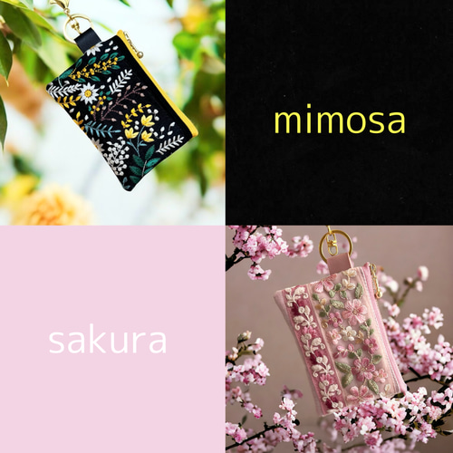 春限定2026】ミモザ＆桜◇インド刺繍×帆布/キーホルダー付きフラット