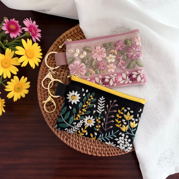 春限定2026】ミモザ＆桜◇インド刺繍×帆布/キーホルダー付きフラット