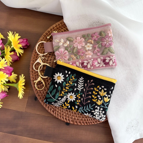 春限定2026】ミモザ＆桜◇インド刺繍×帆布/キーホルダー付きフラット