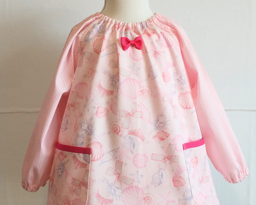 長袖スモック110size♡キラキラリボンとティアラ×ストライプ袖 子供服