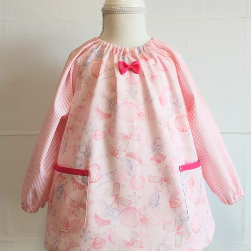 ハンドメイドスモック　110 ribbon &Stripe 長袖スモック110size♡キラキラリボンとティアラ×ストライプ袖 子供服