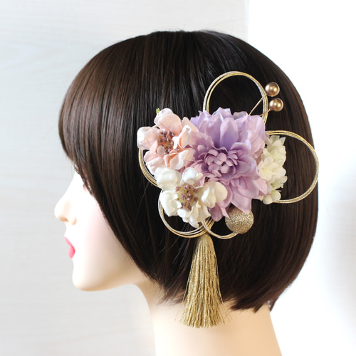 ショートヘアからロングまでOK＊卒業式＊クリームパープルのダリアと