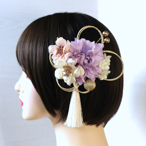 ショートヘアからロングまでOK＊卒業式＊クリームパープルのダリアと