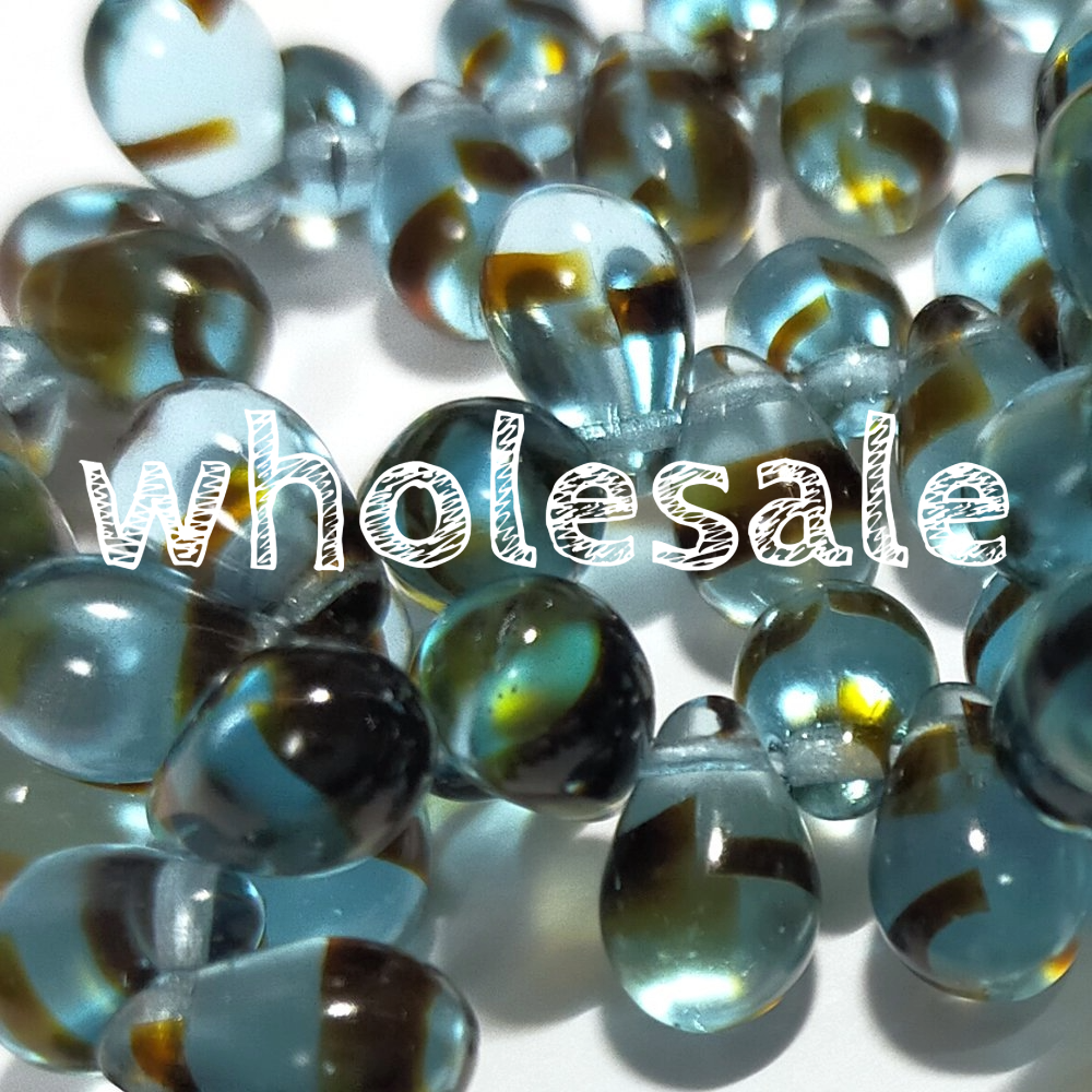 600個 6x9mm チェコビーズ ドロップ タイガーアクア ストライプ ppnalia