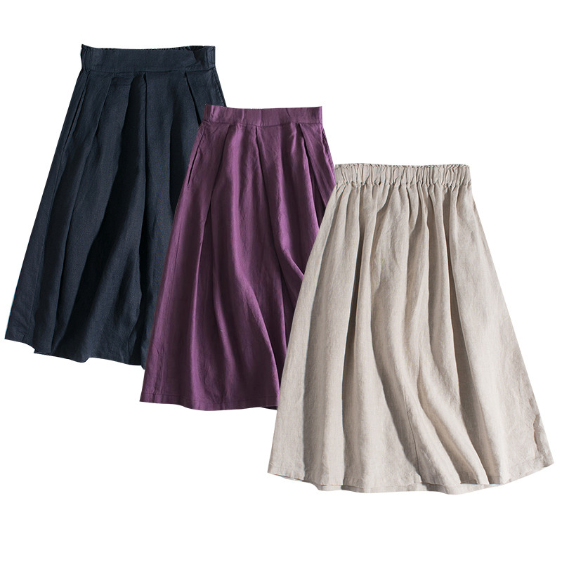 タック付きリネンスカート　ゴムウエストリネンスカート　3色　M-Lサイズ　L529