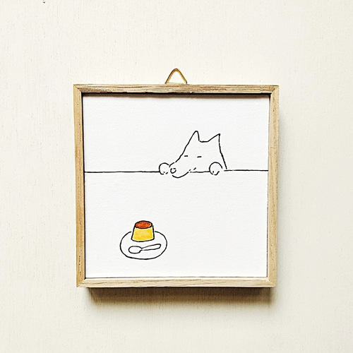 アート　額縁付き　イラスト　個人　手描き 木枠付きアートパネル｜手描きイラスト「ボクのプリン？」 イラスト 絵