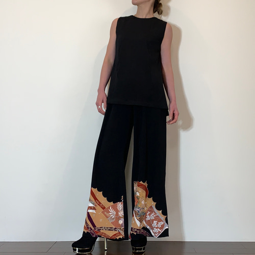 着物リメイク 総刺繍柄ワイドパンツのセットアップ ロングパンツ